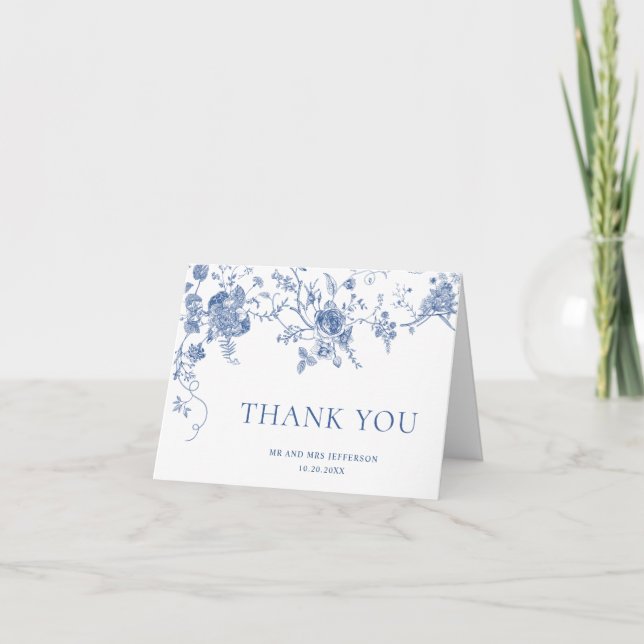 Elegant Blue French Garden Flowers Wedding Thank You Card (Front)