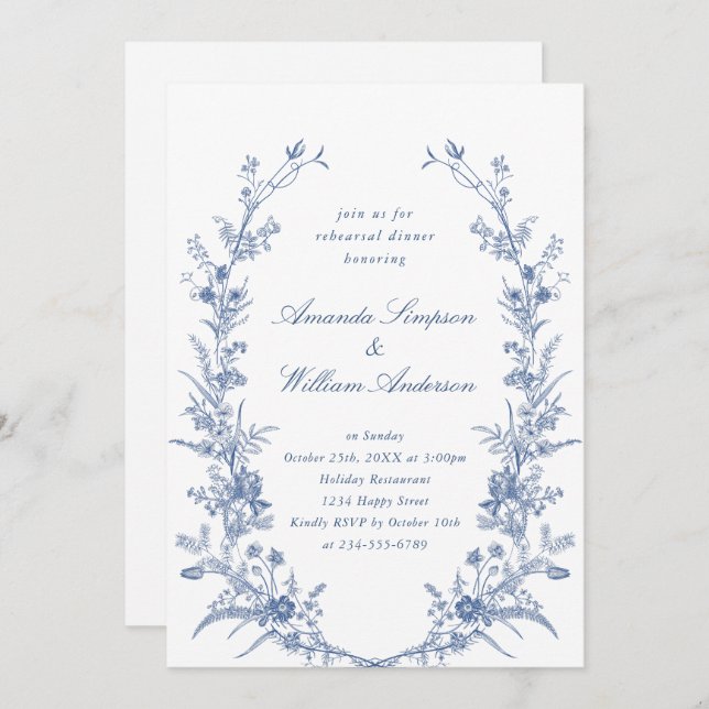 Elegant Blue French Garden Rehearsal Dinner Invitation (Front/Back)