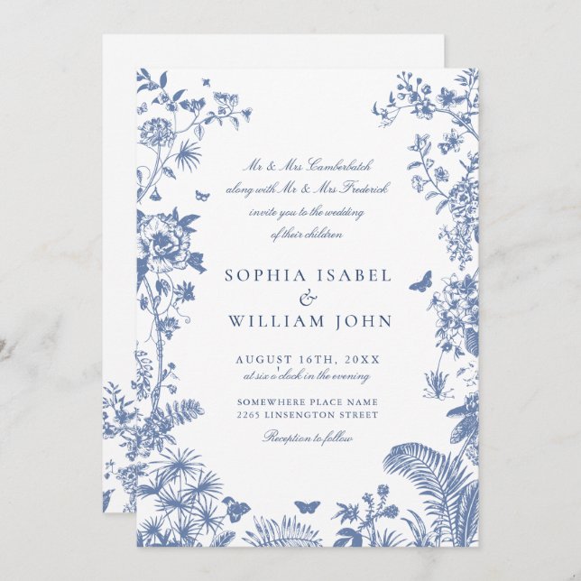 Elegant Blue French Garden Wedding Invitation (Front/Back)