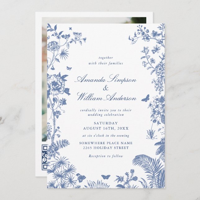 Elegant Blue French Garden Wedding Photo QR code Invitation (Front/Back)