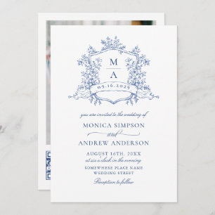 Elegant Blue French Garden Wedding Photo QR code Invitation