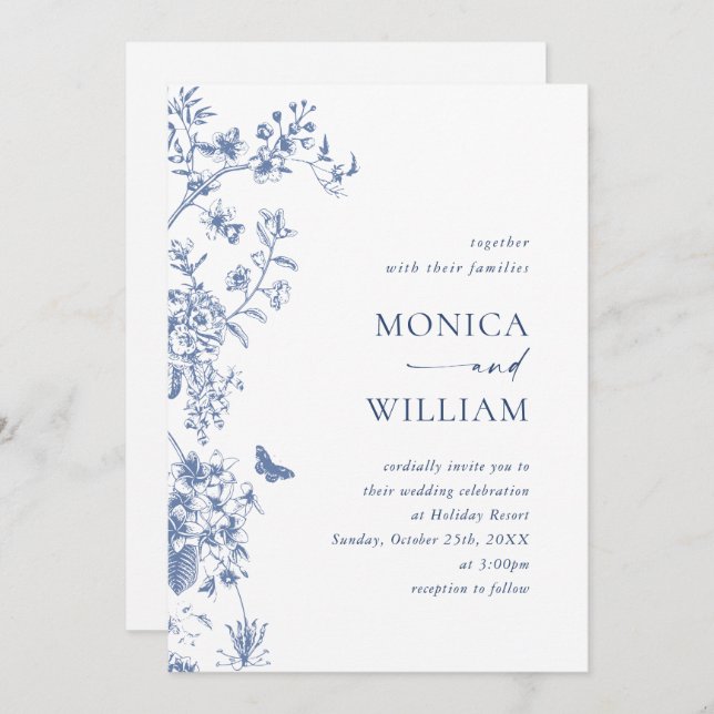 Elegant Blue French Garden Wedding QR code Invitation (Front/Back)