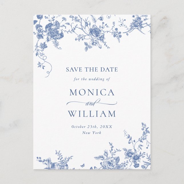 Elegant Blue French Garden Wedding Save the Date Postcard (Front)