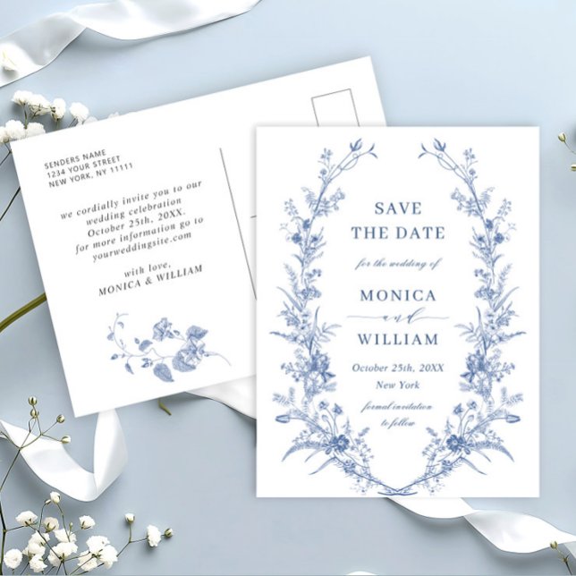 Elegant Blue French Garden Wedding Save the Date Postcard (Creator Uploaded)