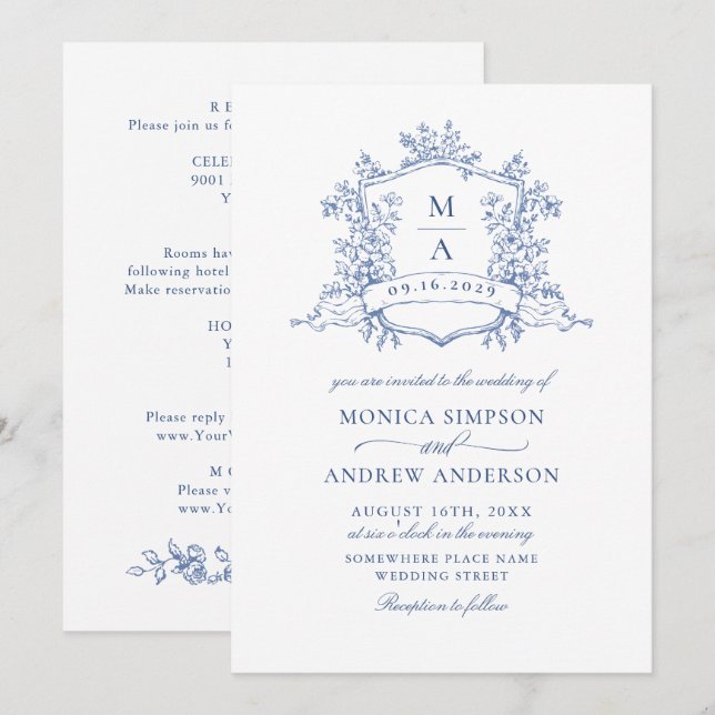 Elegant Blue French Roses Garden Floral Wedding Invitation (Front/Back)