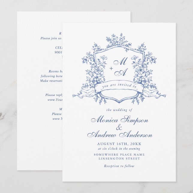 Elegant Blue French Roses Garden Floral Wedding Invitation (Front/Back)