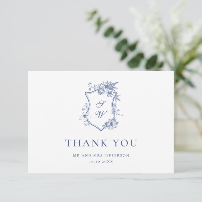 Elegant Blue French Roses Garden Floral Wedding Thank You Card (Standing Front)