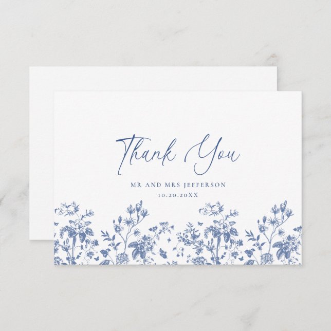 Elegant Blue French Roses Garden Floral Wedding Thank You Card (Front/Back)