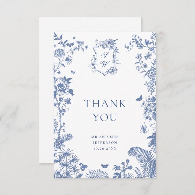 Elegant Blue French Roses Garden Floral Wedding Thank You Card (Front/Back)