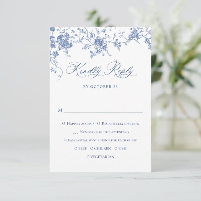 Elegant Blue French Roses Garden Toile Wedding RSVP Card (Standing Front)
