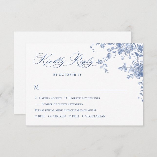 Elegant Blue French Roses Garden Toile Wedding RSVP Card (Front/Back)