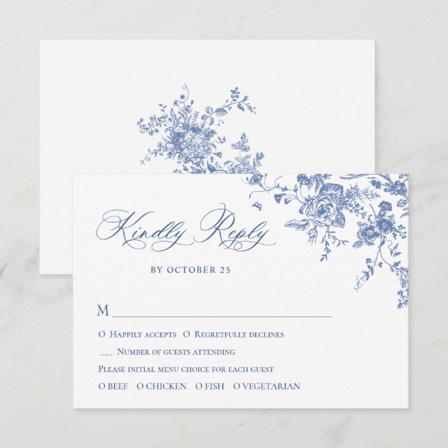 Elegant Blue French Roses Garden Toile Wedding RSVP Card (Front/Back)