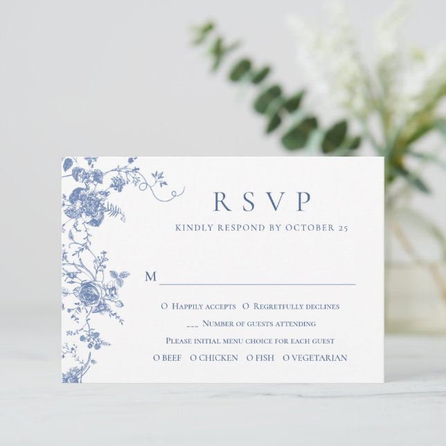 Elegant Blue French Roses Garden Toile Wedding RSVP Card (Standing Front)