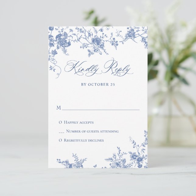 Elegant Blue French Roses Garden Toile Wedding RSVP Card (Standing Front)