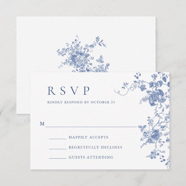 Elegant Blue French Roses Garden Toile Wedding RSVP Card (Front/Back)