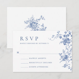 Elegant Blue French Roses Garden Toile Wedding RSVP Card