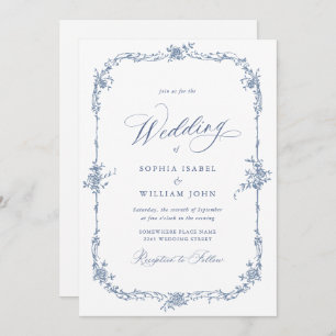 Elegant Blue French Roses Garden Wedding QR code Invitation