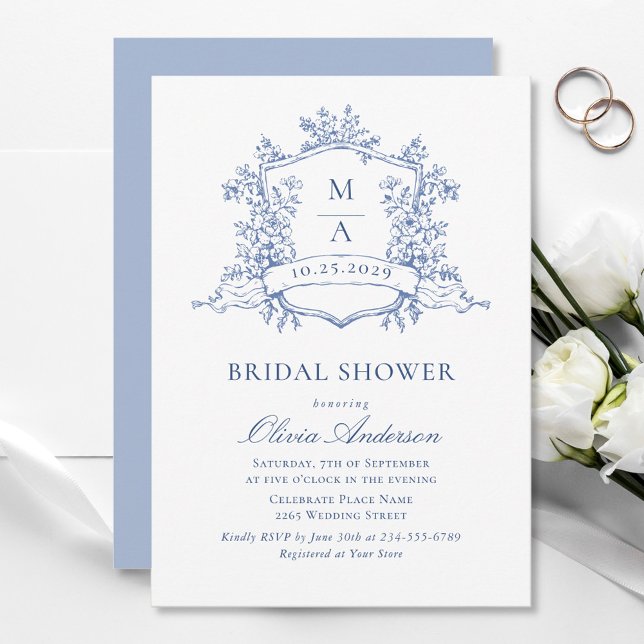 Elegant Blue French Roses Toile Bridal Shower Invitation (Creator Uploaded)