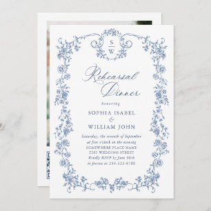 Elegant Blue French Roses Toile Rehearsal Dinner Invitation