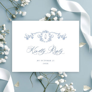 Elegant Blue French Roses Toile Wedding RSVP Postcard