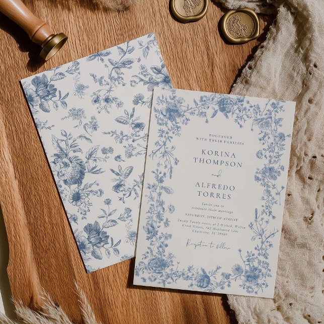 Elegant Blue French Toile Chinoiserie Wedding Invitation (Creator Uploaded)