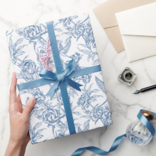 Elegant Blue French Toile de Jouy Floral Pattern Wrapping Paper