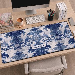 Elegant Blue French Toile De Jouy Monogram Desk Mat