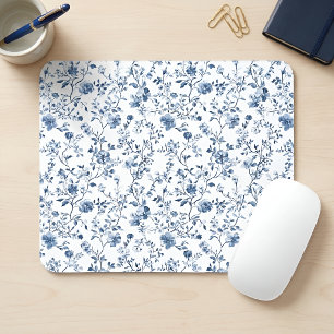 Elegant Blue French Toile Floral Pattern Mouse Pad