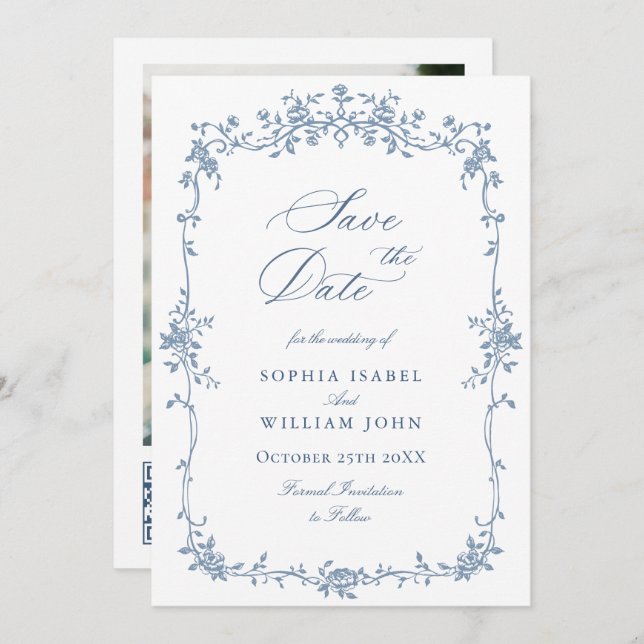 Elegant Blue French Toile Floral Wedding QR code Save The Date (Front/Back)