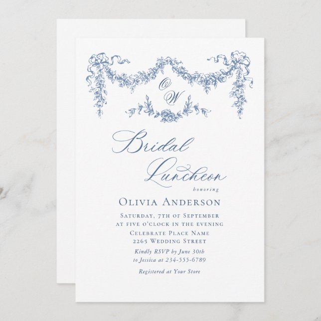 Elegant Blue French Toile Garden BRIDAL LUNCHEON Invitation (Front/Back)