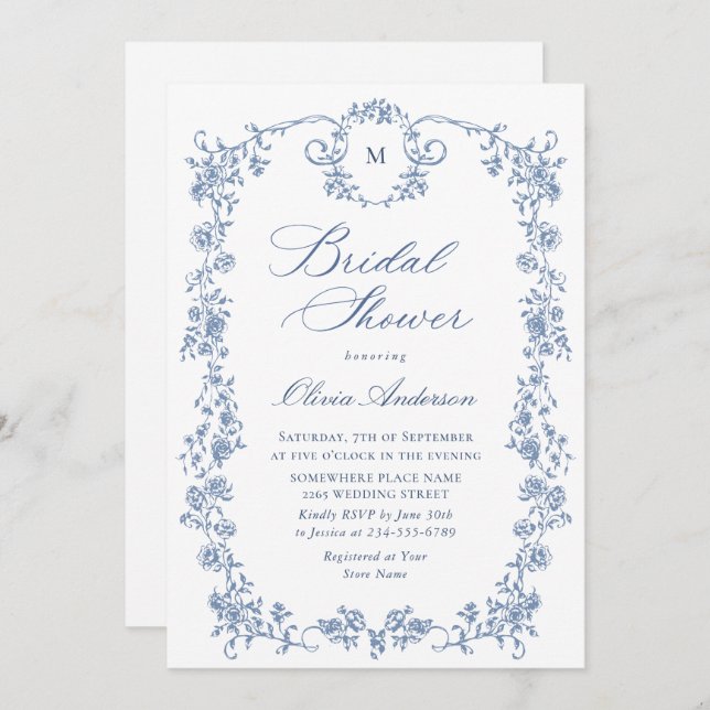Elegant Blue French Toile Garden Bridal Shower Invitation (Front/Back)