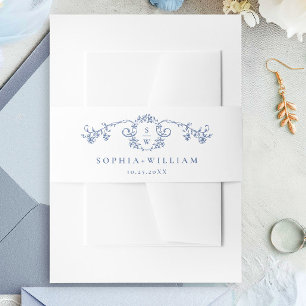 Elegant Blue French Toile Garden Flowers Wedding Invitation Belly Band