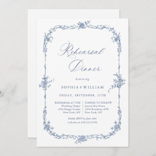 Elegant Blue French Toile Garden Rehearsal Dinner Invitation