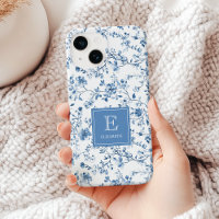 Elegant Blue French Toile Pattern Monogram Name
