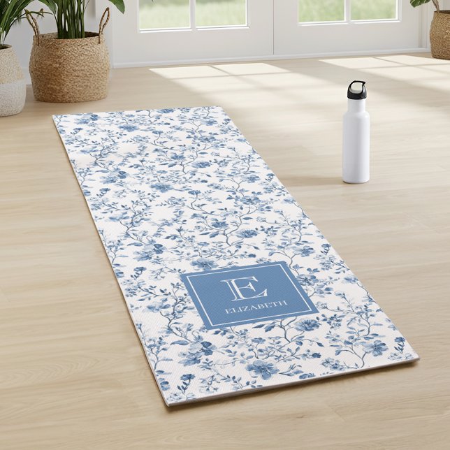 Elegant Blue French Toile Pattern Monogram Name  Yoga Mat (Elegant blue french toile pattern with monogram name emblem - a perfect style for yoga)