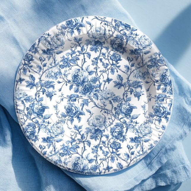 Elegant Blue French Toile Roses Floral Paper Plate (Serve in style with these blue French toile de Jouy rose paper plates, featuring an elegant floral d)