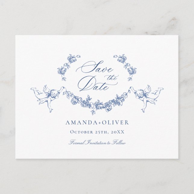 Elegant Blue French Toile Wedding Save the Date Postcard (Front)