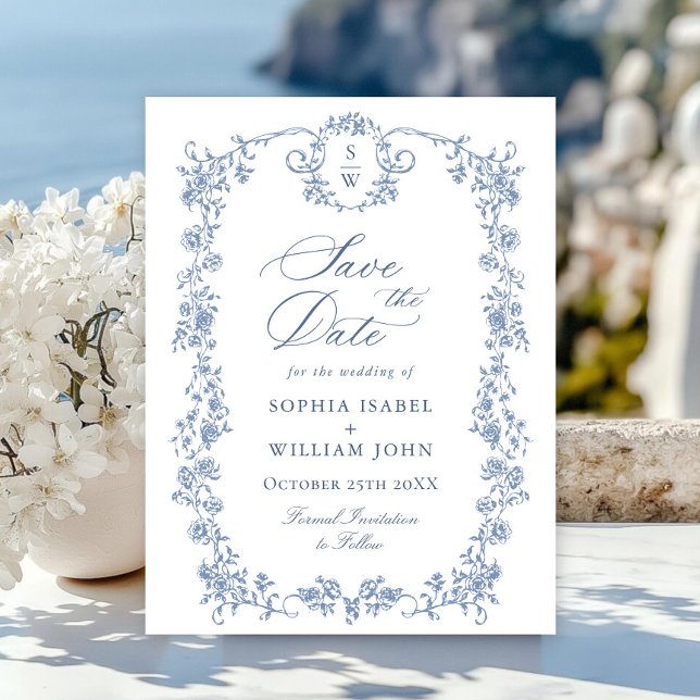 Elegant Blue French Toile Wedding Save the Date Postcard (Creator Uploaded)
