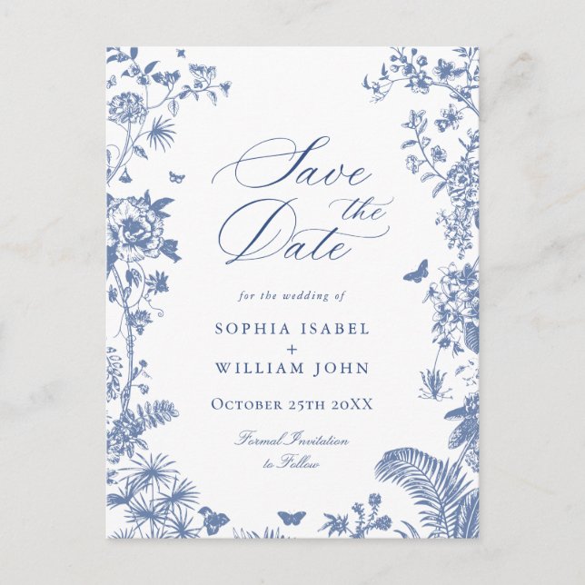 Elegant Blue French Toile Wedding Save the Date Postcard (Front)
