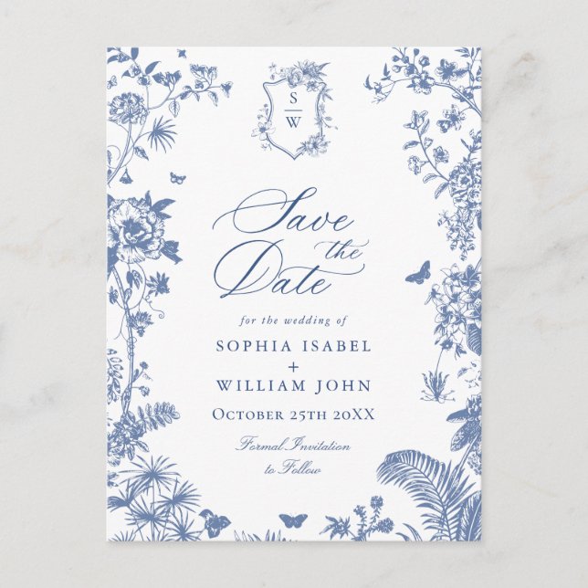 Elegant Blue French Toile Wedding Save the Date Postcard (Front)