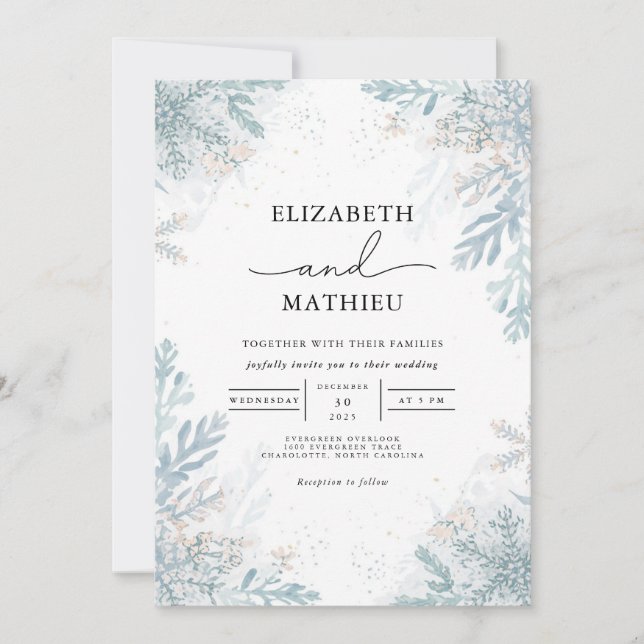 Elegant Blue Frost Botanical Winter Wedding Invitation (Front)