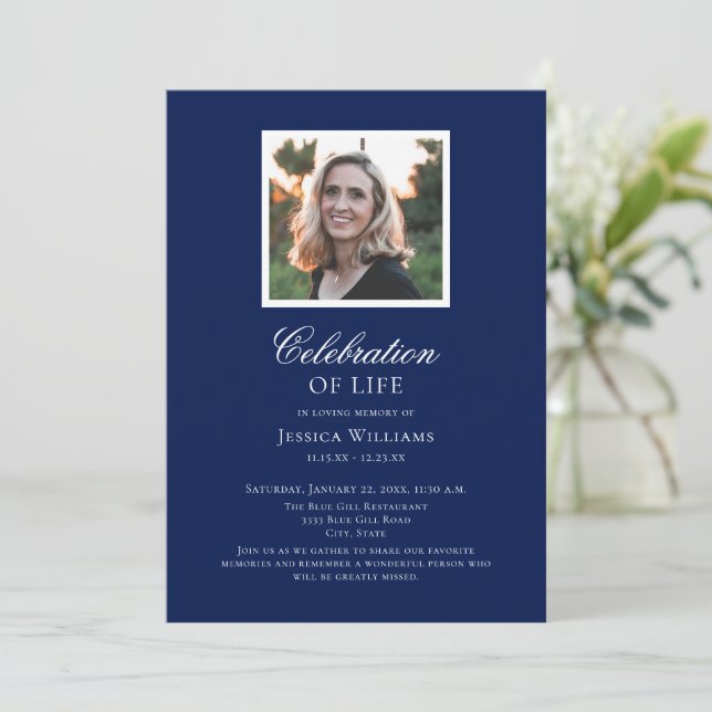Elegant Blue Funeral Photo Celebration of Life Invitation (Standing Front)