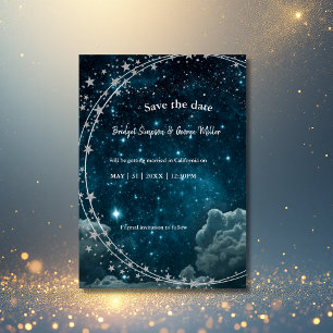 elegant blue galaxy sky wedding safe the date invitation