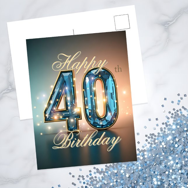 Elegant Blue Gemstone 40th Birthday Celebration Postcard (Creator Uploaded)
