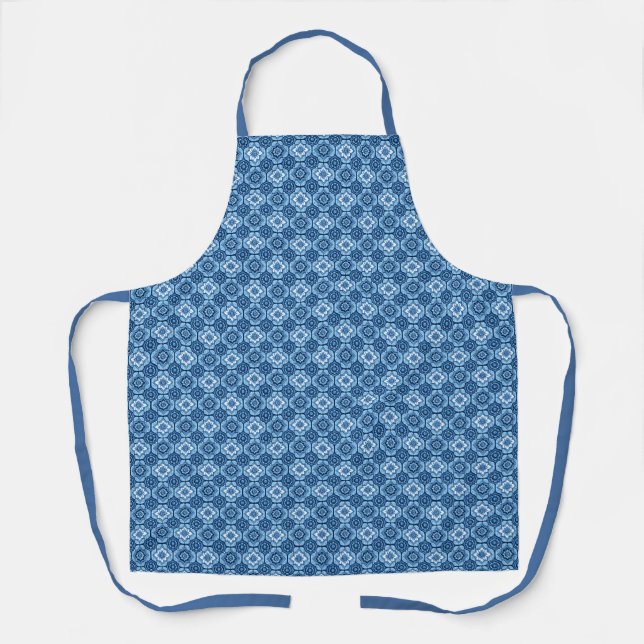 Elegant Blue Geometric Floral Pattern Apron (Front)