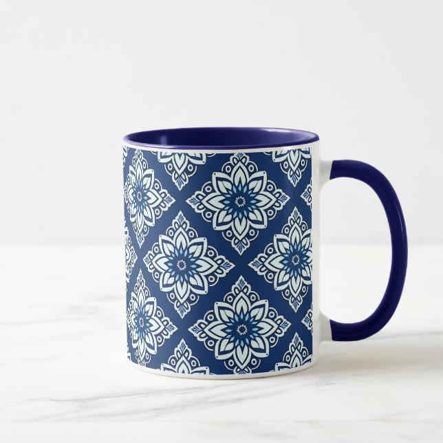 Elegant Blue Geometric Floral Pattern Mug (Right)