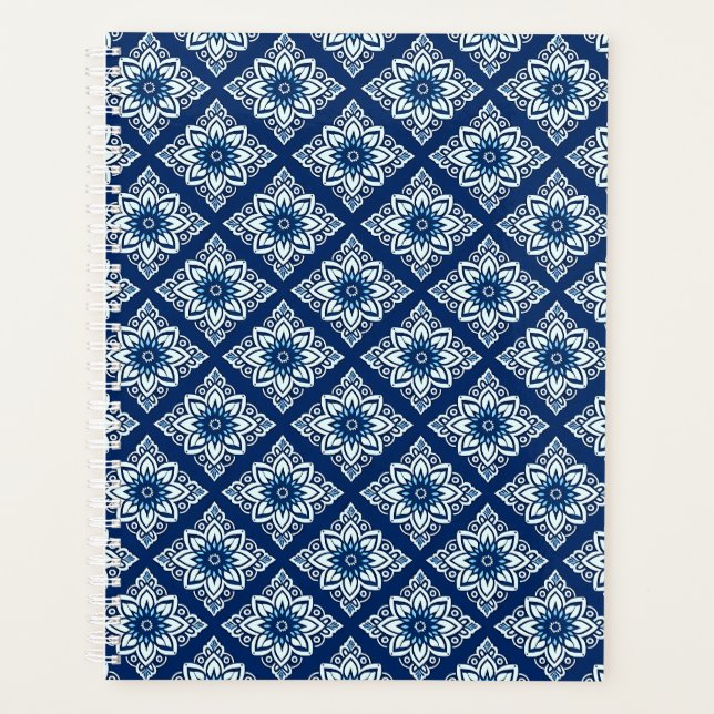 Elegant Blue Geometric Floral Pattern Planner (Front)