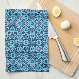Elegant Blue Geometric Floral Pattern Tea Towel