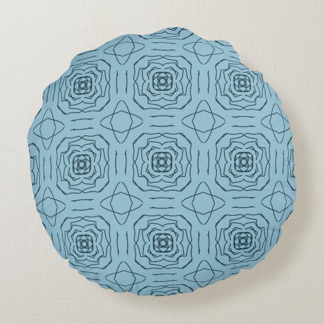 Elegant Blue Geometric Line Art Seamless Pattern Round Cushion (Back)