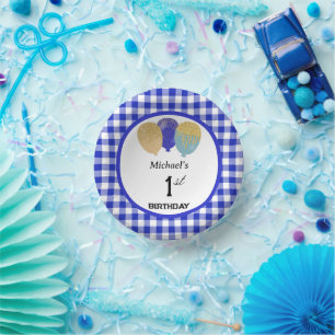 Elegant Blue Gingham & Balloons 1st Birthday Paper Plate